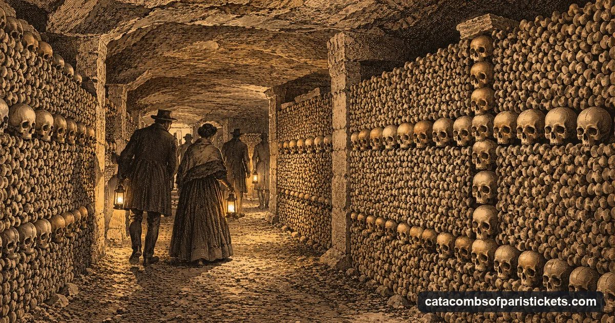 An engraving of a gallery in the Paris Catacombs ossuary with walls of stacked skulls and femurs and visitors walking through by lamplight
