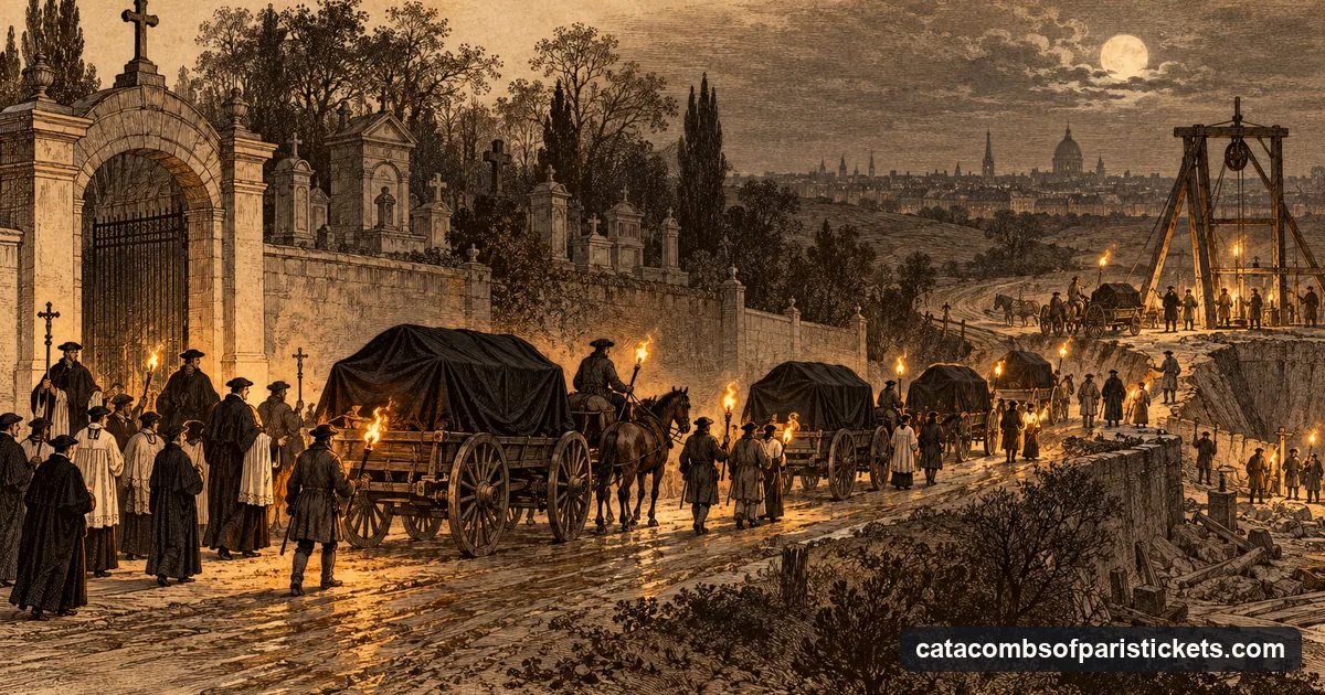 An engraving of covered wagons carrying bones by torchlight at night from a Paris cemetery toward a quarry shaft, priests walking alongside