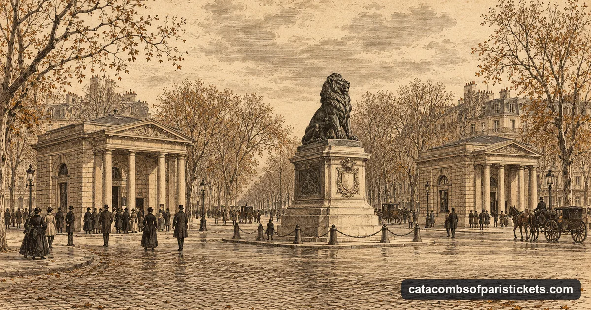 An engraving of the twin toll pavilions on Place Denfert-Rochereau with the Lion of Belfort statue and visitors walking toward the Catacombs entrance