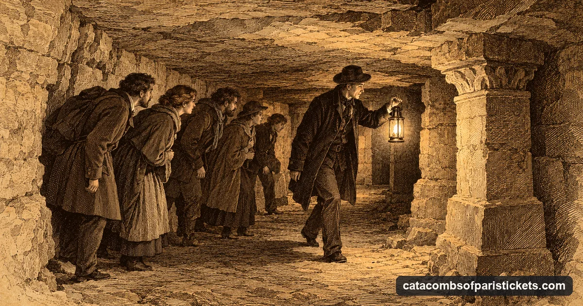 An engraving of a guide with a lamp leading a small group down a narrow limestone gallery in the Paris Catacombs
