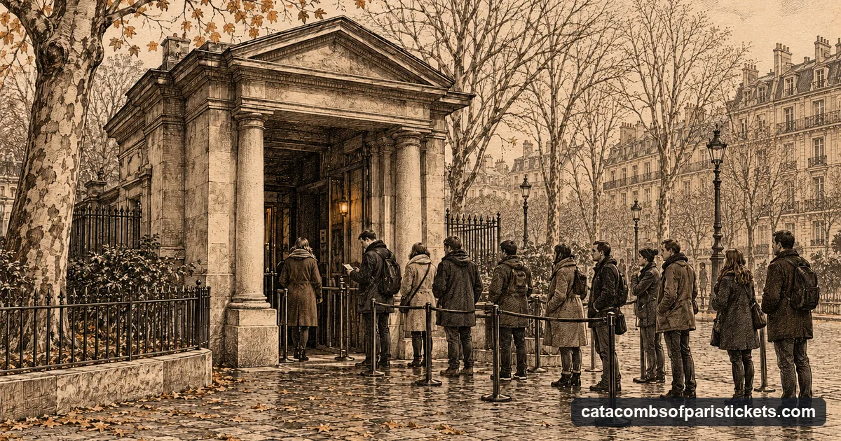 An engraving of visitors waiting outside the Catacombs entrance pavilion on Place Denfert-Rochereau, one checking a ticket on a phone