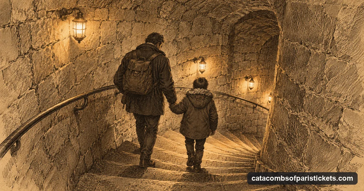 An engraving of a parent and a child in warm coats walking hand in hand down a stone spiral staircase lit by lamps