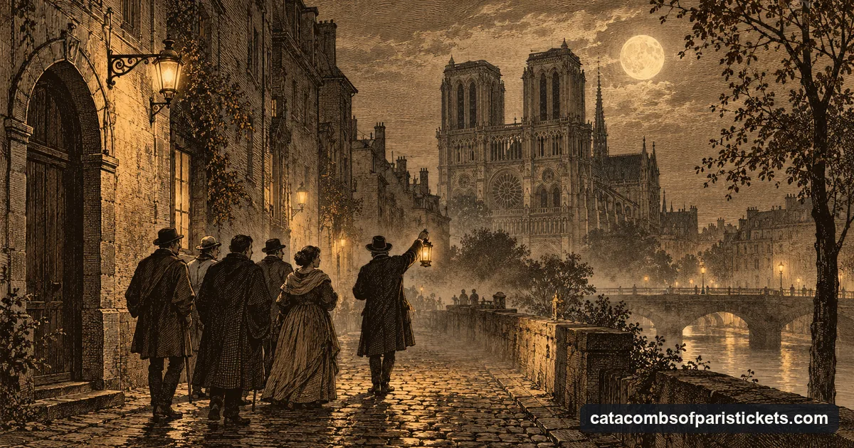 An engraving of a small group with a guide holding a lantern on a cobbled Paris street at night, the towers of Notre-Dame in the background