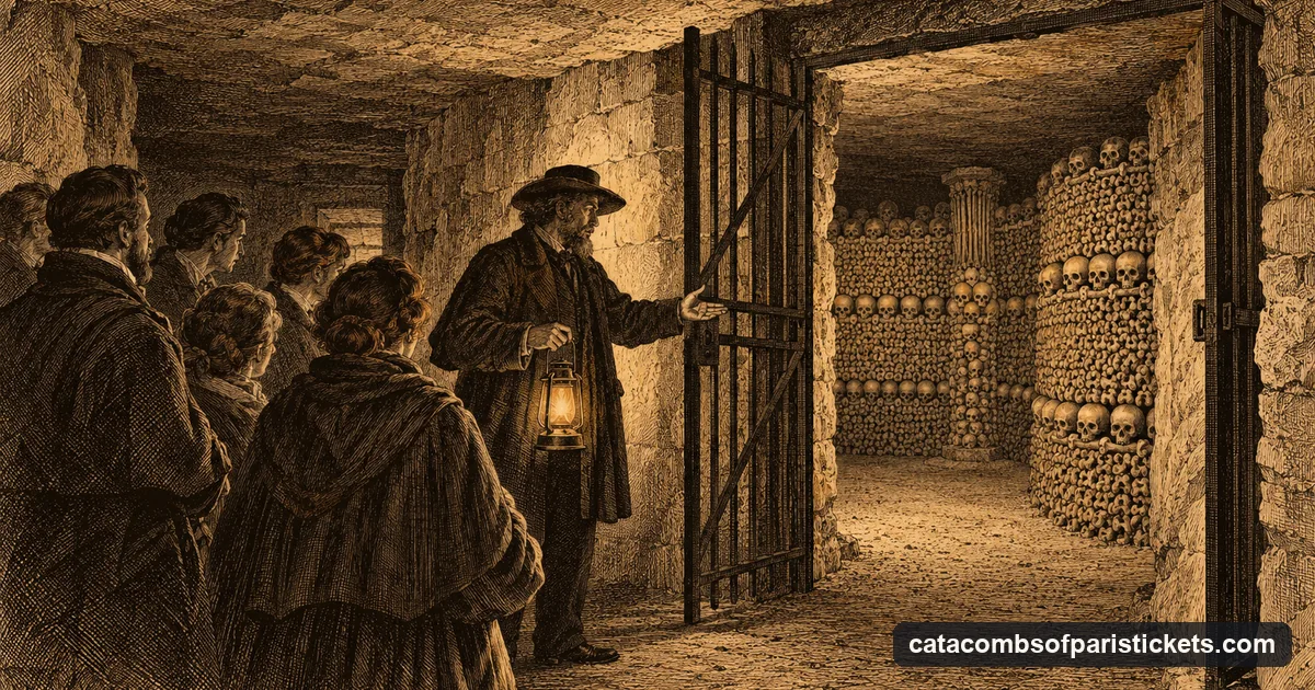 An engraving of a guide holding a lamp before an open iron gate in a limestone quarry gallery, with a small group behind and a wall of stacked bones beyond