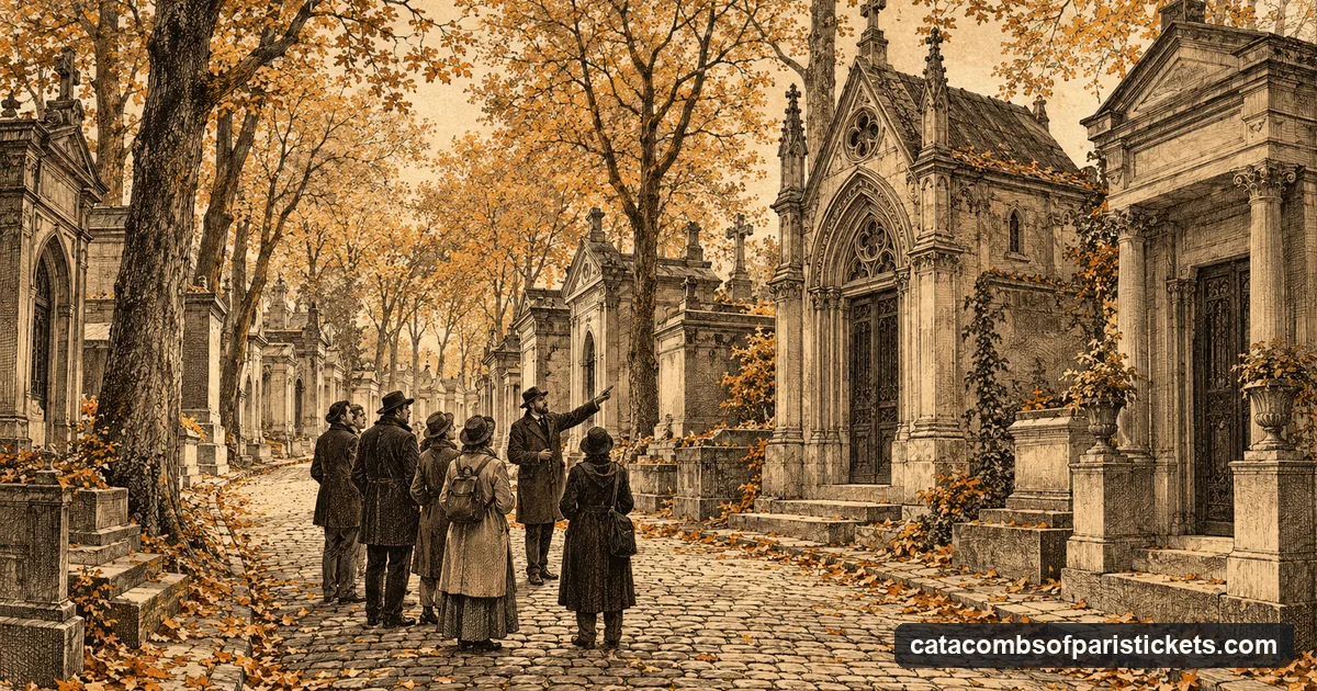 An engraving of a tree-lined avenue in Père Lachaise Cemetery with old tombs and chapels and a small group following a guide